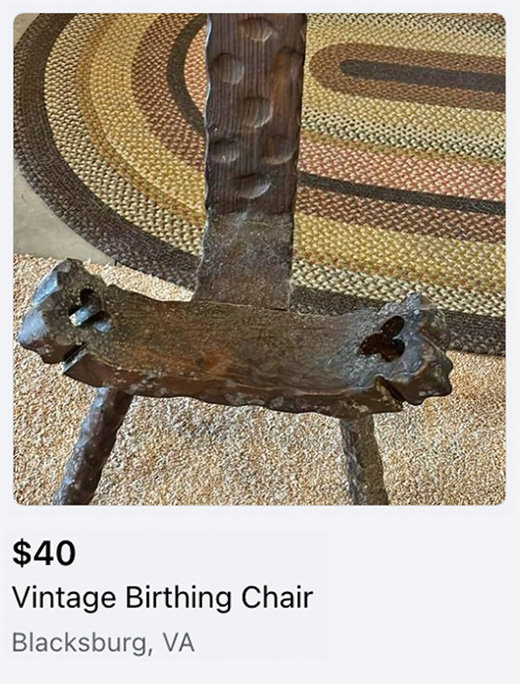 vintage birthing chair listing